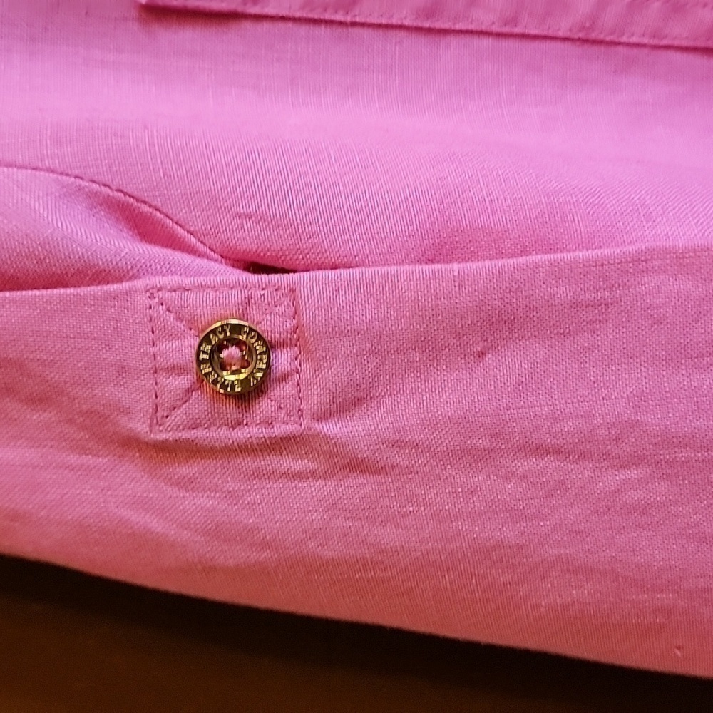 Ellen Tracy-Linen hot pink top with gold zipper with short roll sleeves. S. - Picture 6 of 11